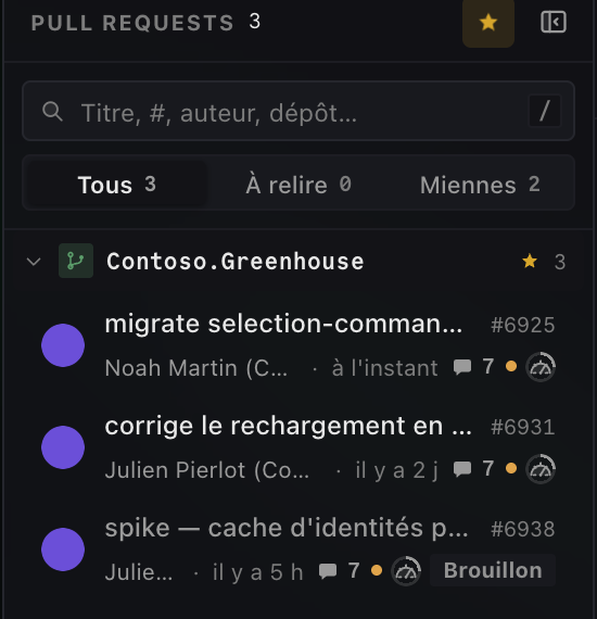 Liste des Pull Requests dans Diffwright : une jauge à droite de chaque ligne indique l'état de la pré-analyse.