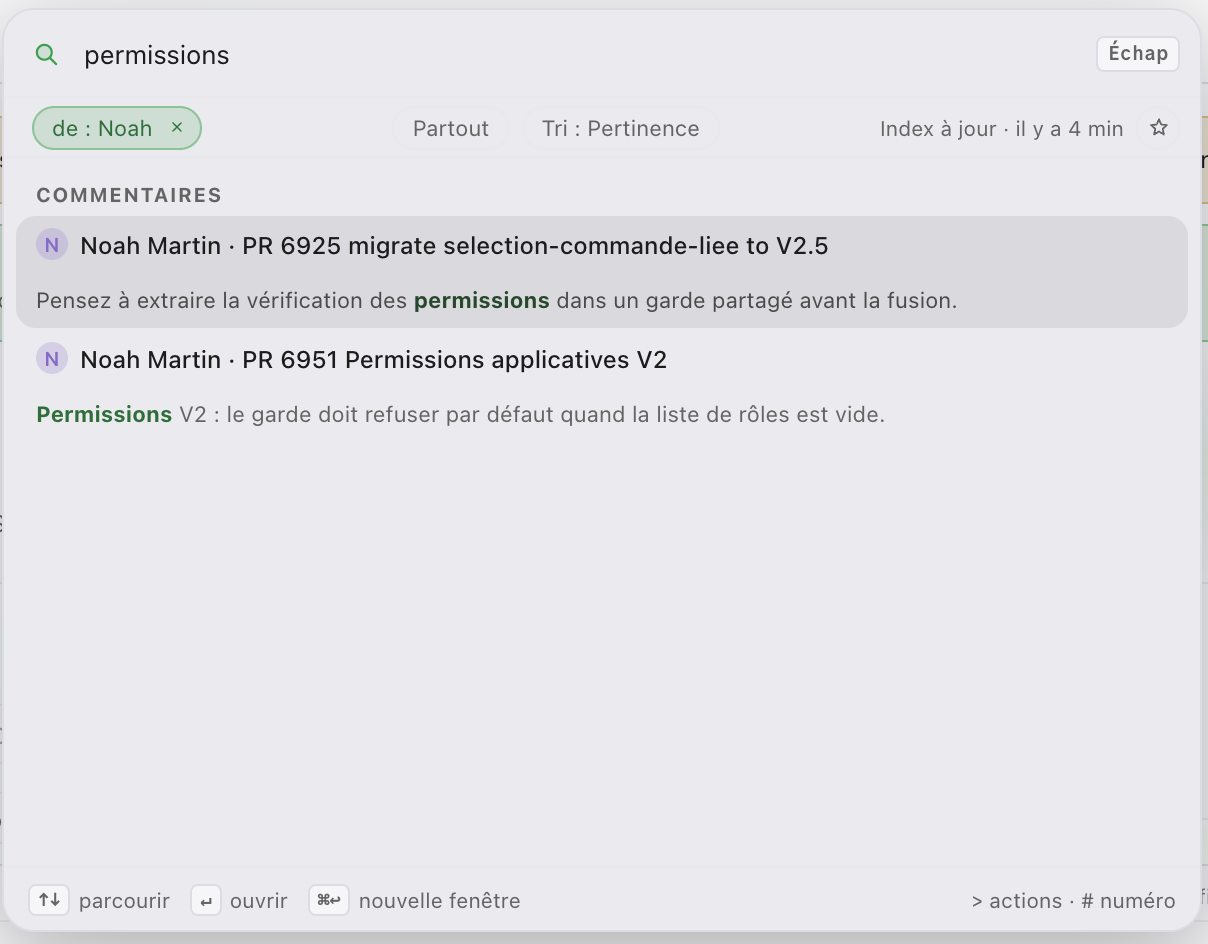 Recherche ⌘K de Diffwright limitée au groupe Commentaires, avec deux résultats dont le terme recherché est surligné.