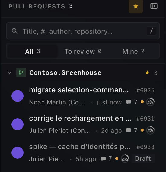 Pull Request list in Diffwright: a gauge to the right of each row shows the pre-analysis state.